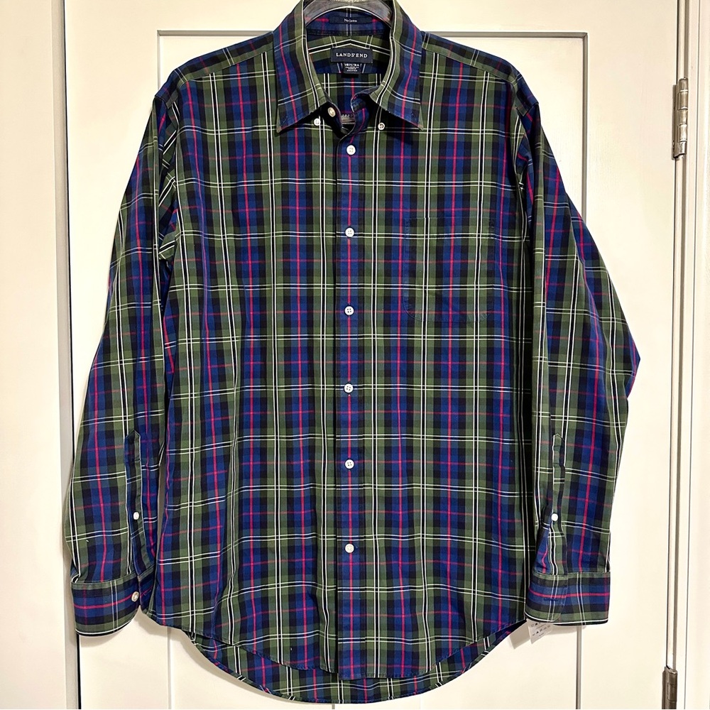 Lands' End Men's Blue & Green No Iron Plaid Shirt • 16 1/2-42 Tailored Fit